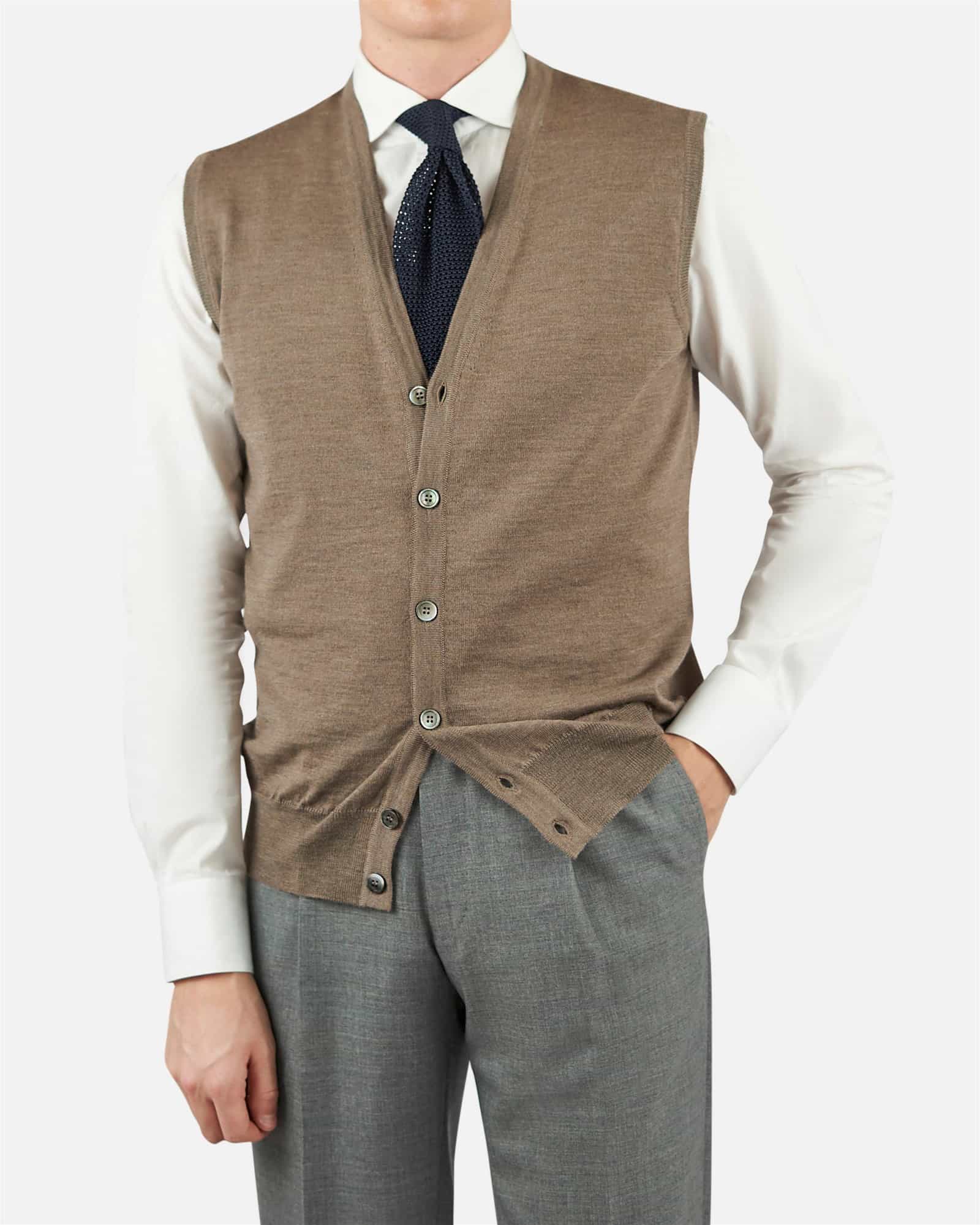 Superfine Merino Sleeveless Cardigan Sand