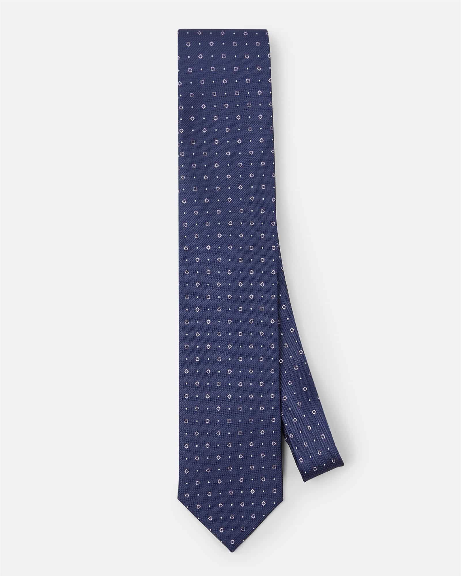 Small Flower Print Silk Tie Navy