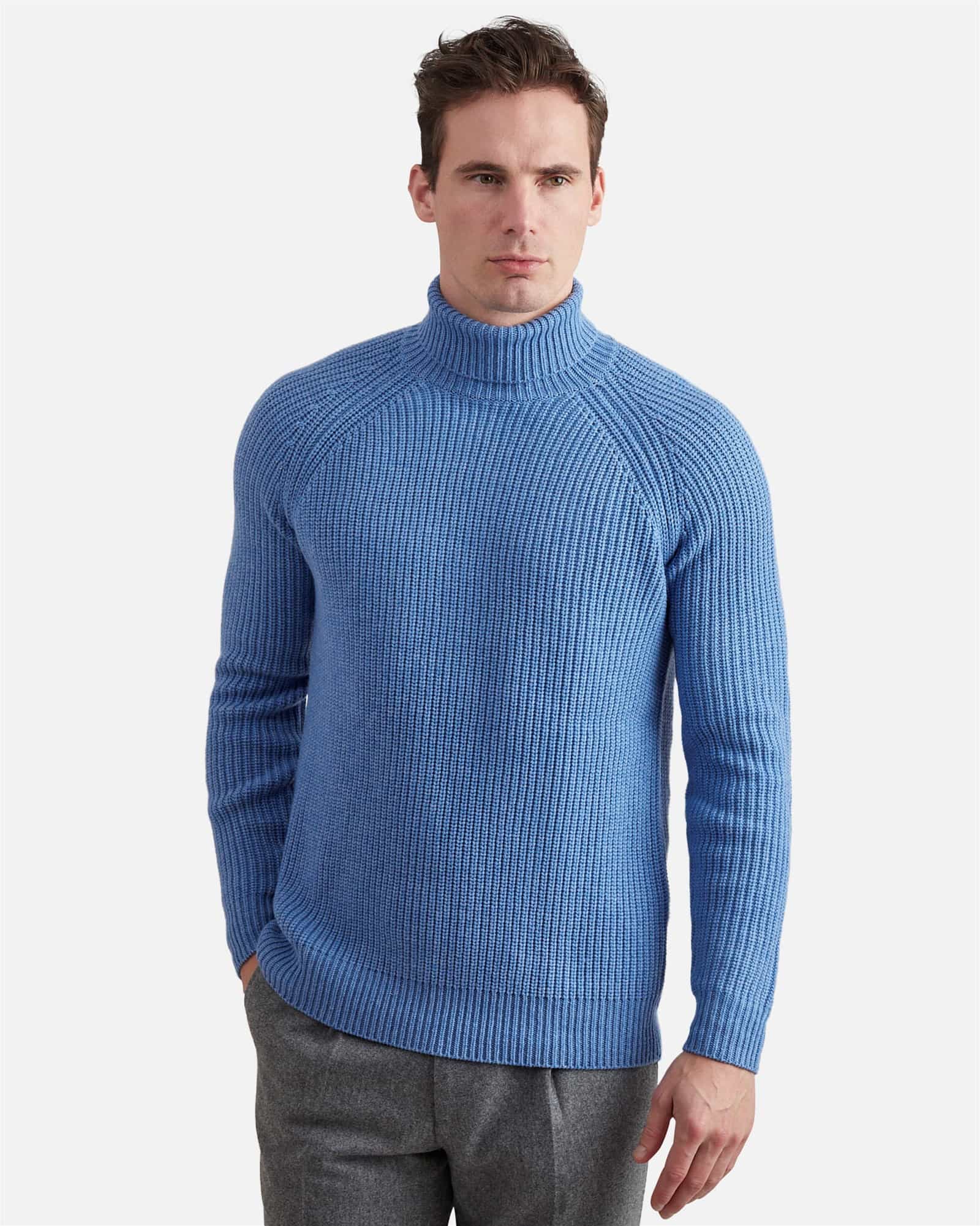 Raglan Shoulder 4Ply Roll Neck Light Blue