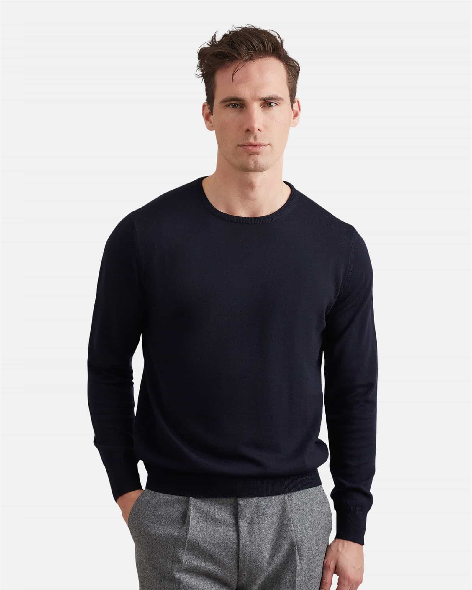 Superfine Merino Wool Round  Neck Navy