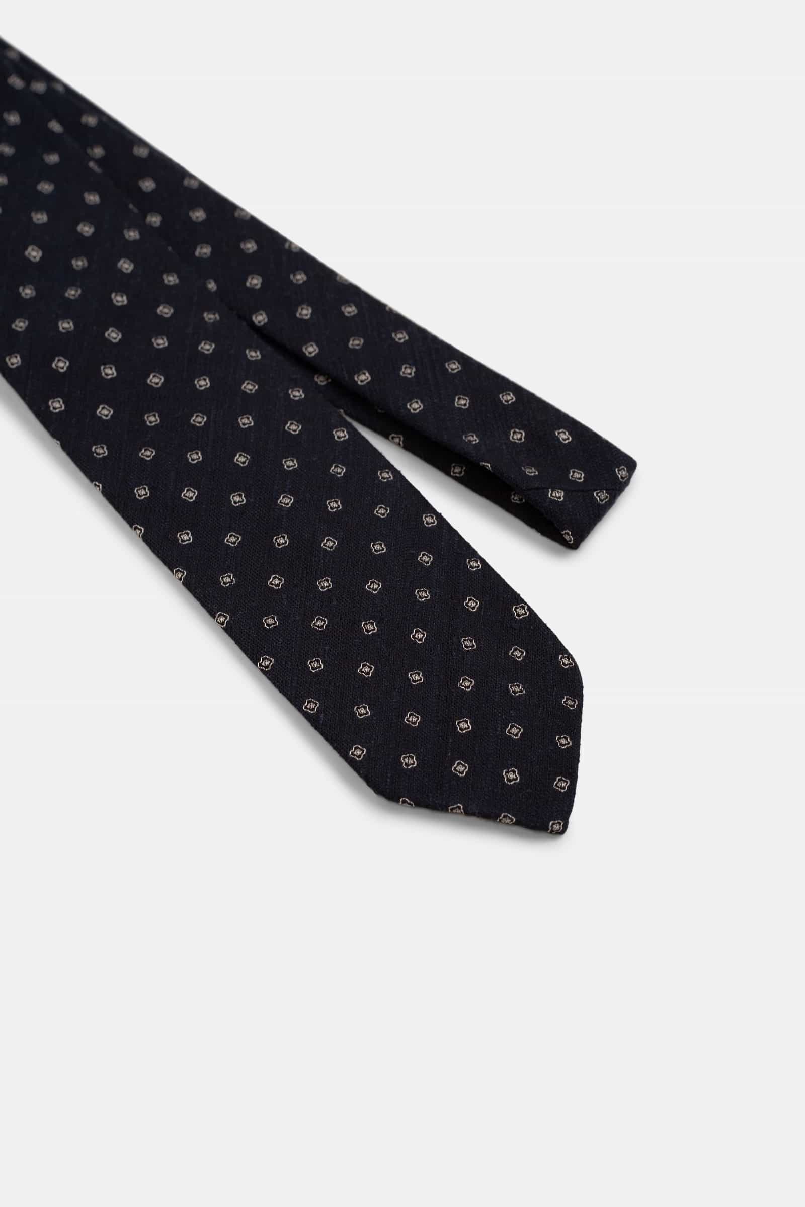 Navy Shantung Flower Tie White