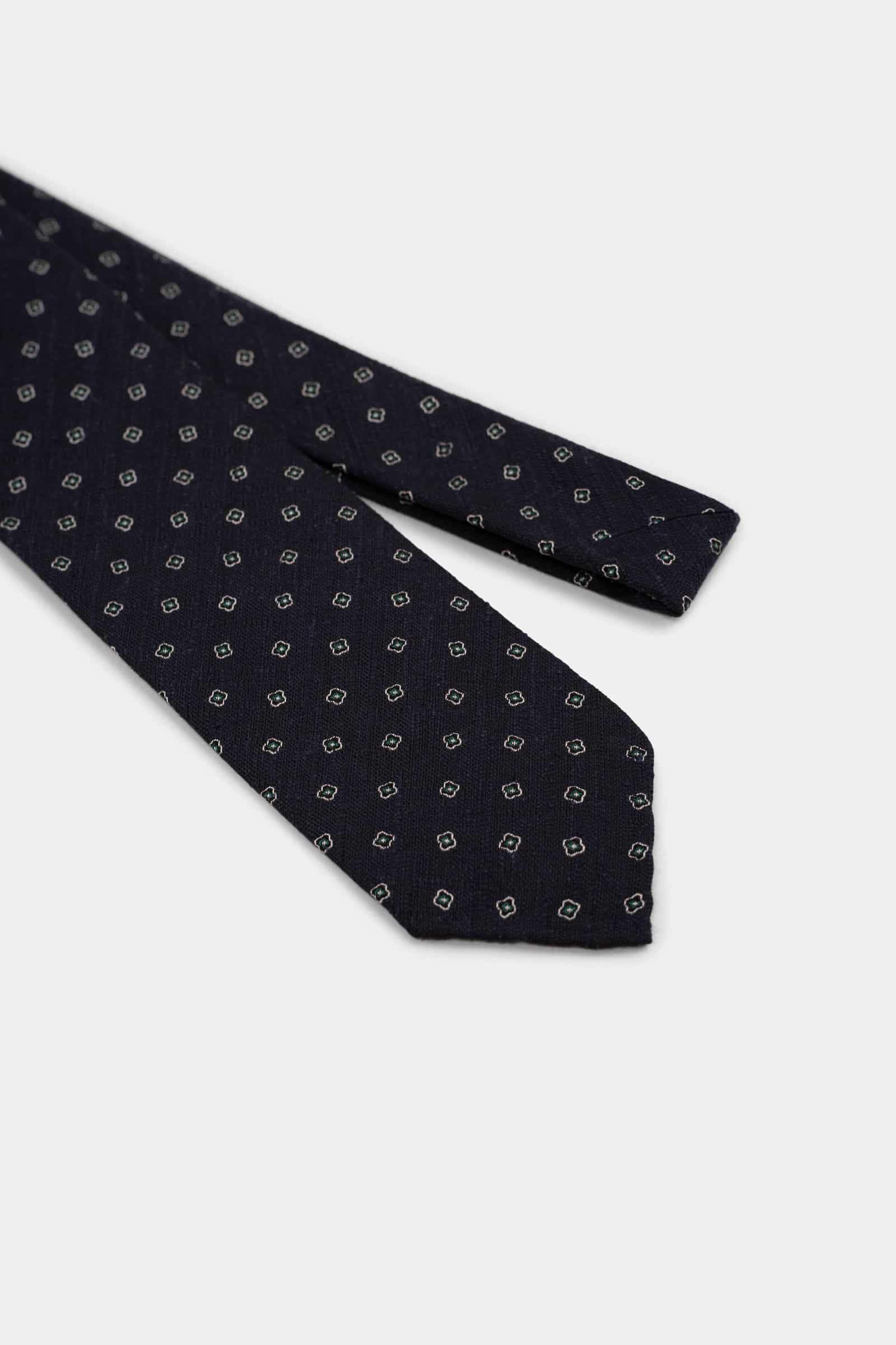 Navy Shantung Flower Tie Green