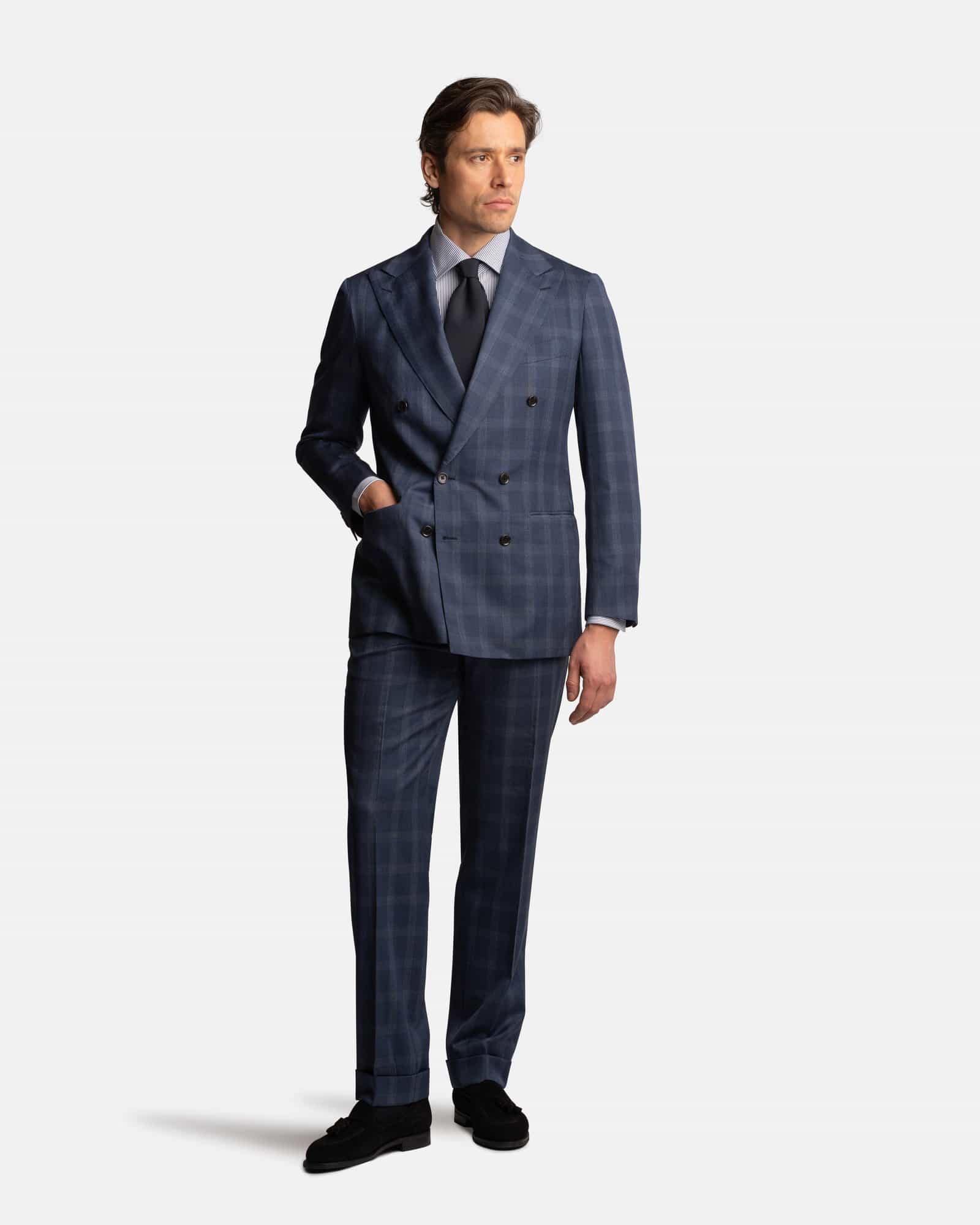 Mod 3 Double Breasted Checked Suit Navy