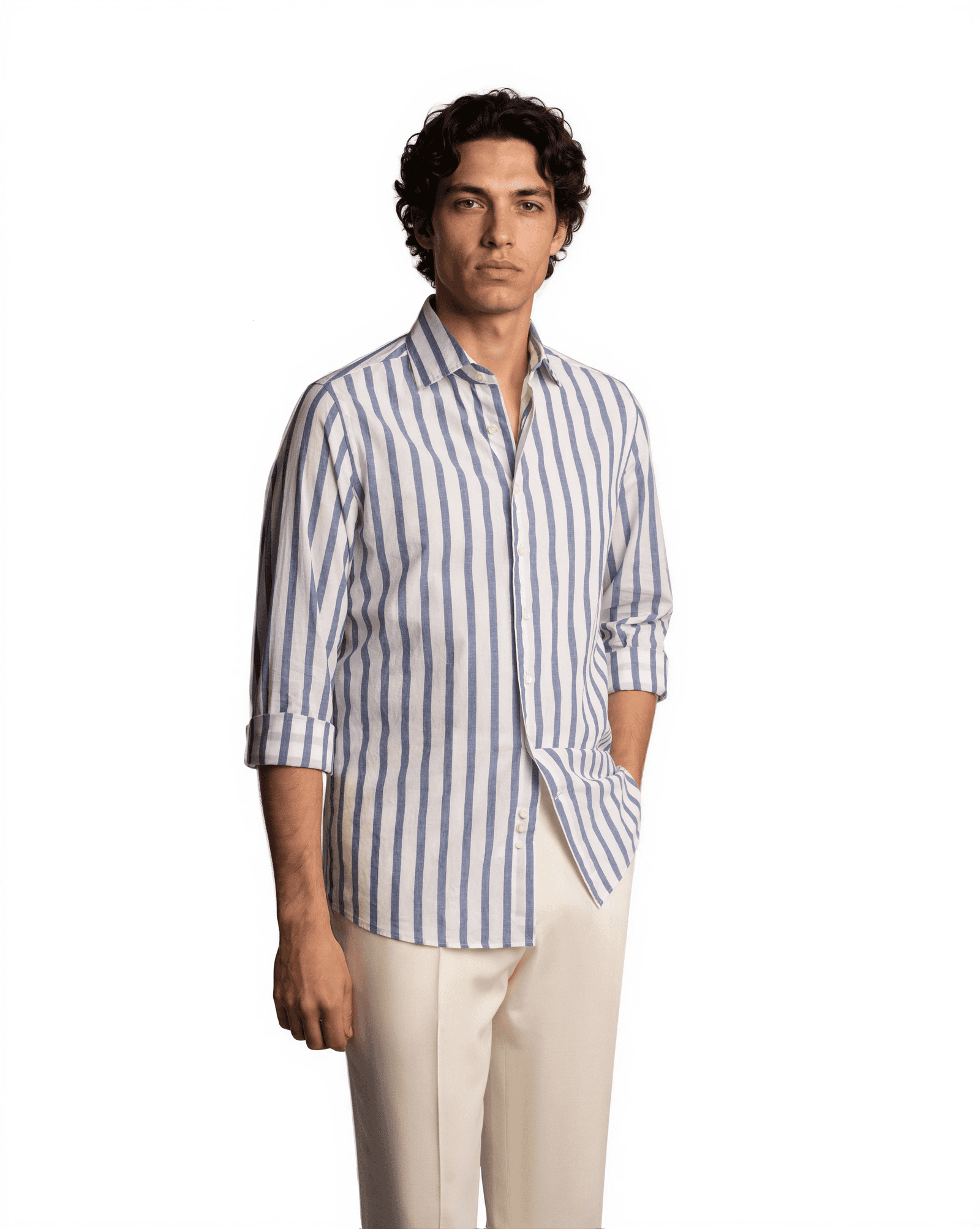Cotton Linen Wide Striped Shirt Blue