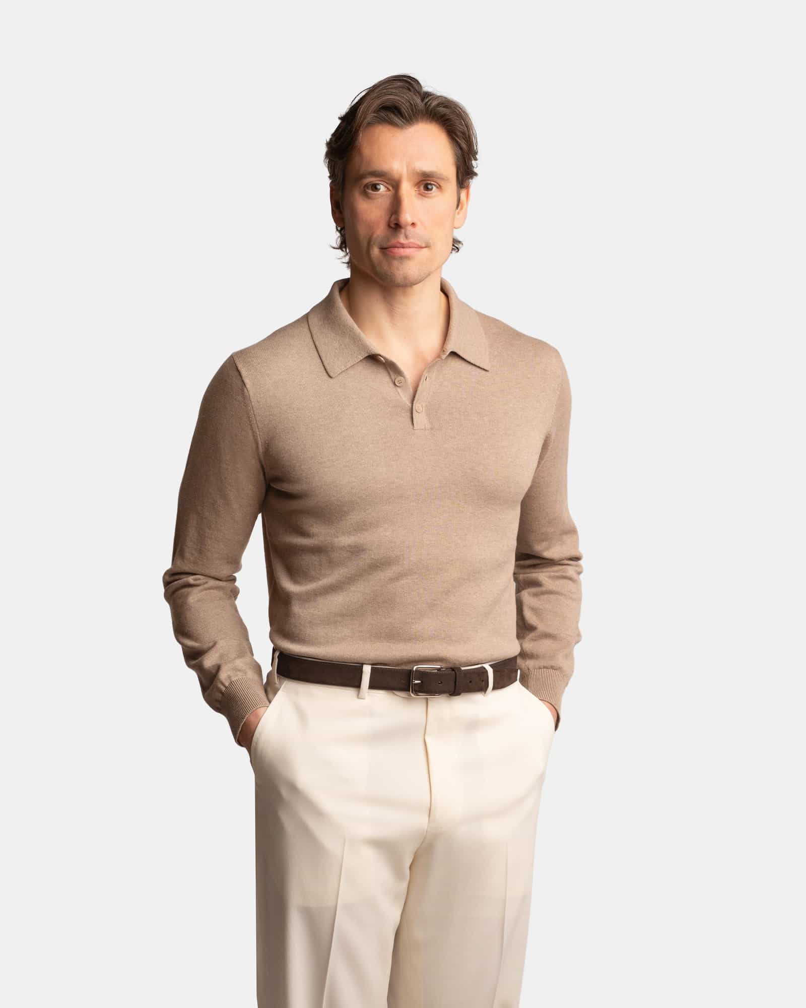 CashSilk Long Sleeve Polo Beige