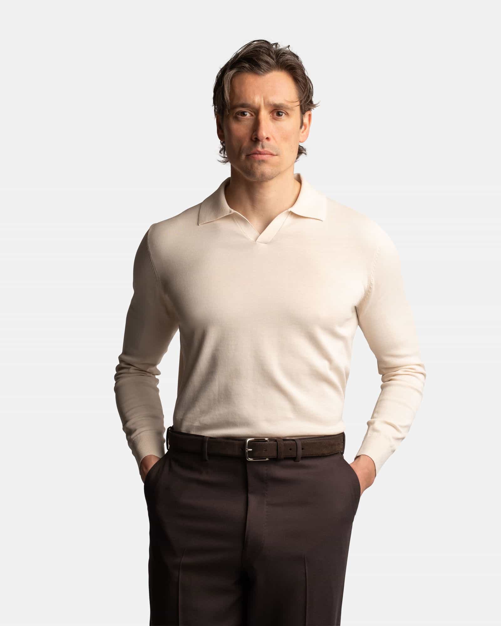 Cotton Silk Long Sleeve Polo White