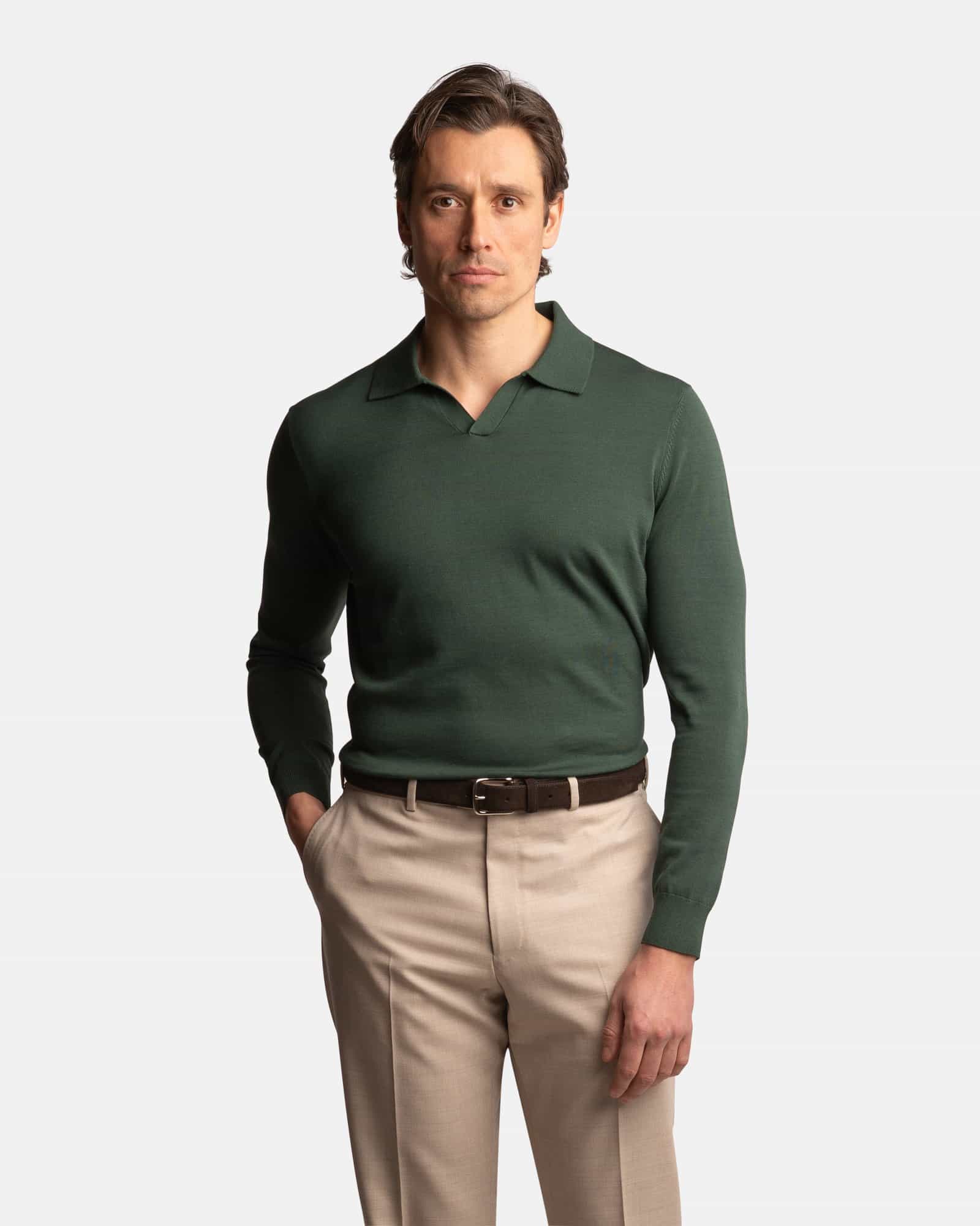 Cotton Silk Long Sleeve Polo Green