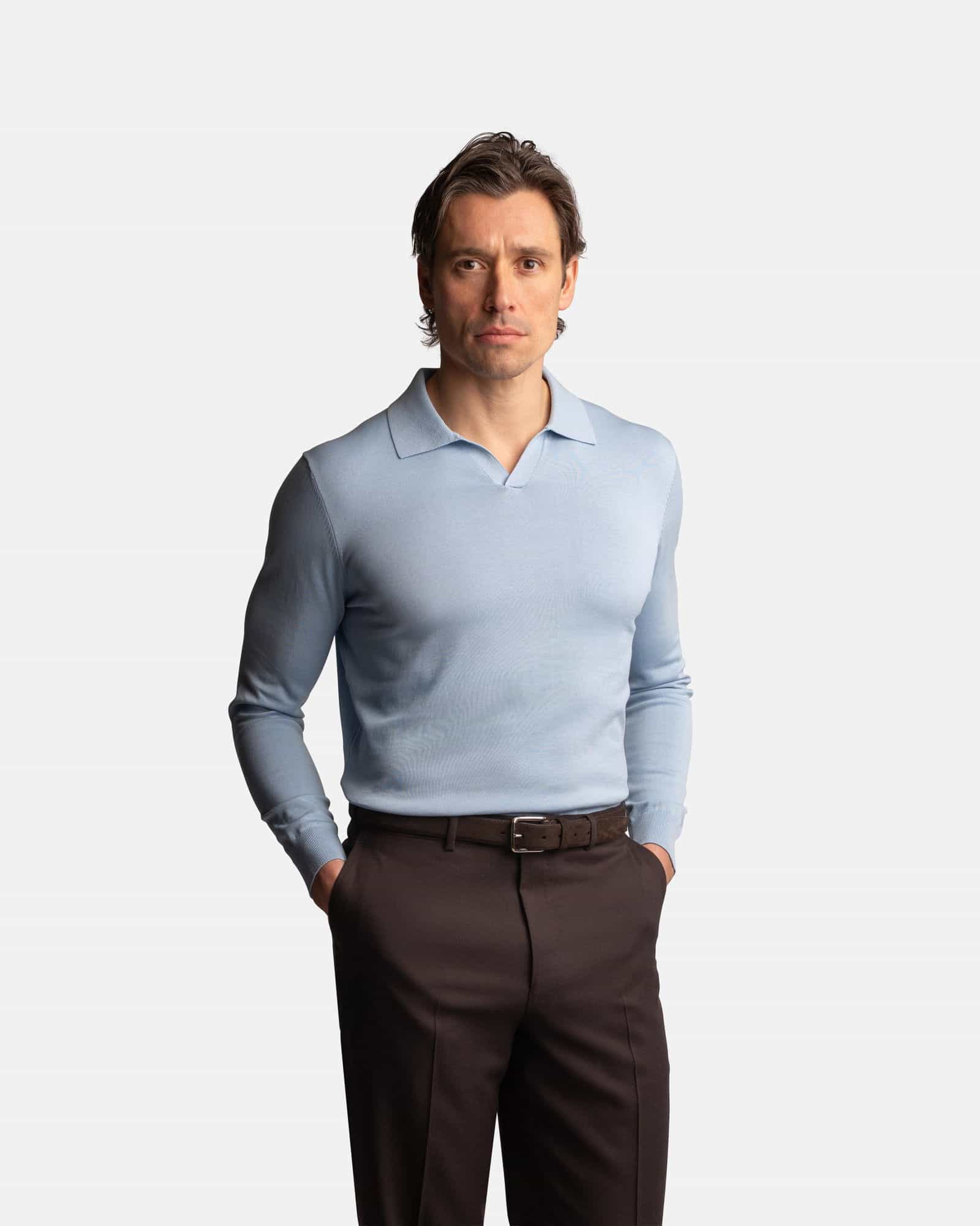 Cotton Silk Long Sleeve Polo Light Blue