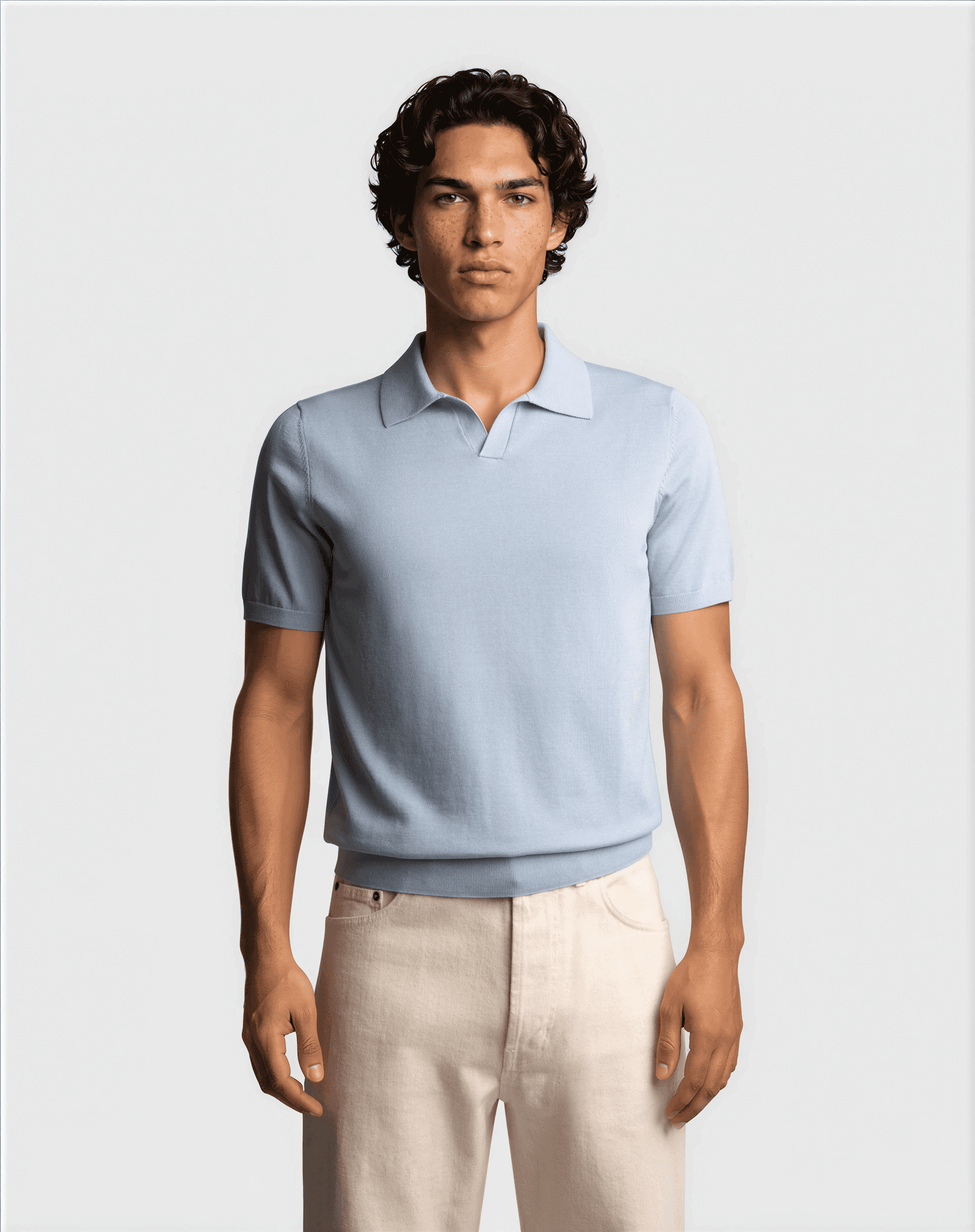 Cotton Silk Short Sleeve Polo Light Blue