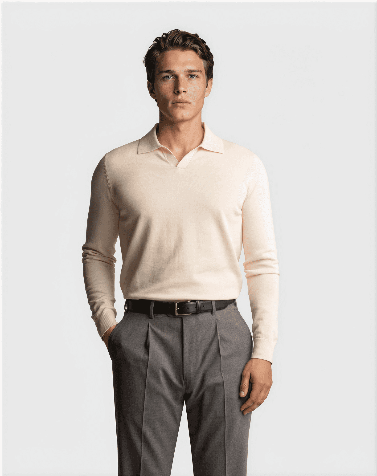 Cotton Silk Long Sleeve Polo Beige