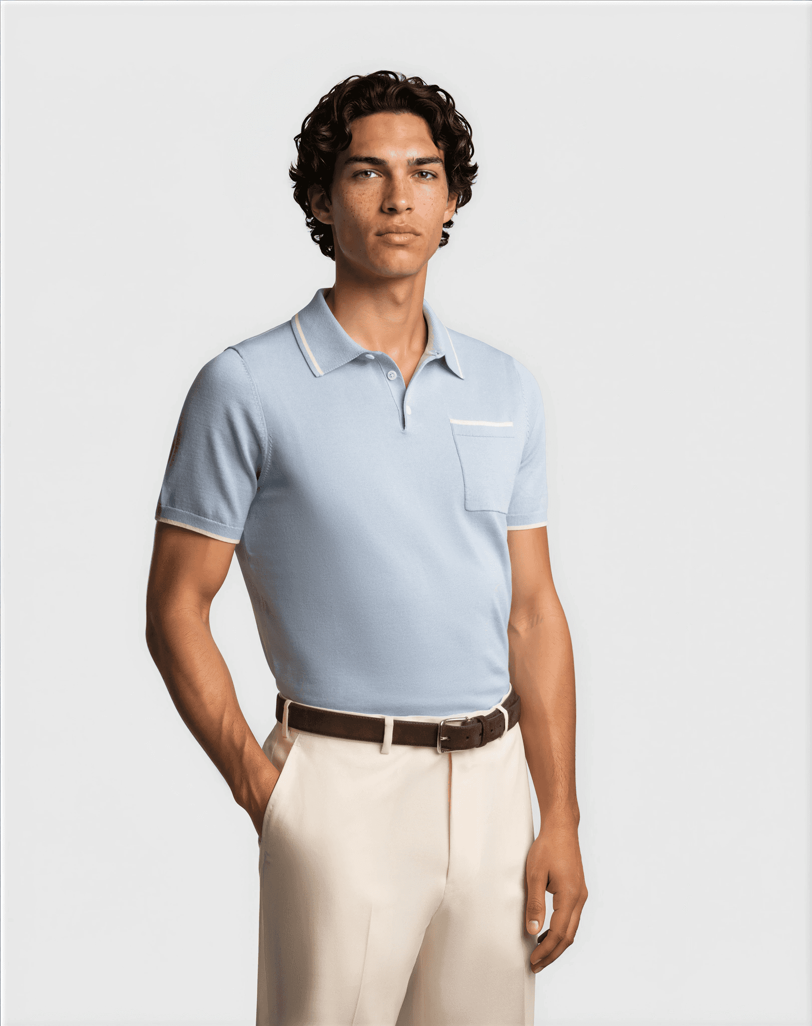 Cotton Silk Contrast Polo Light Blue