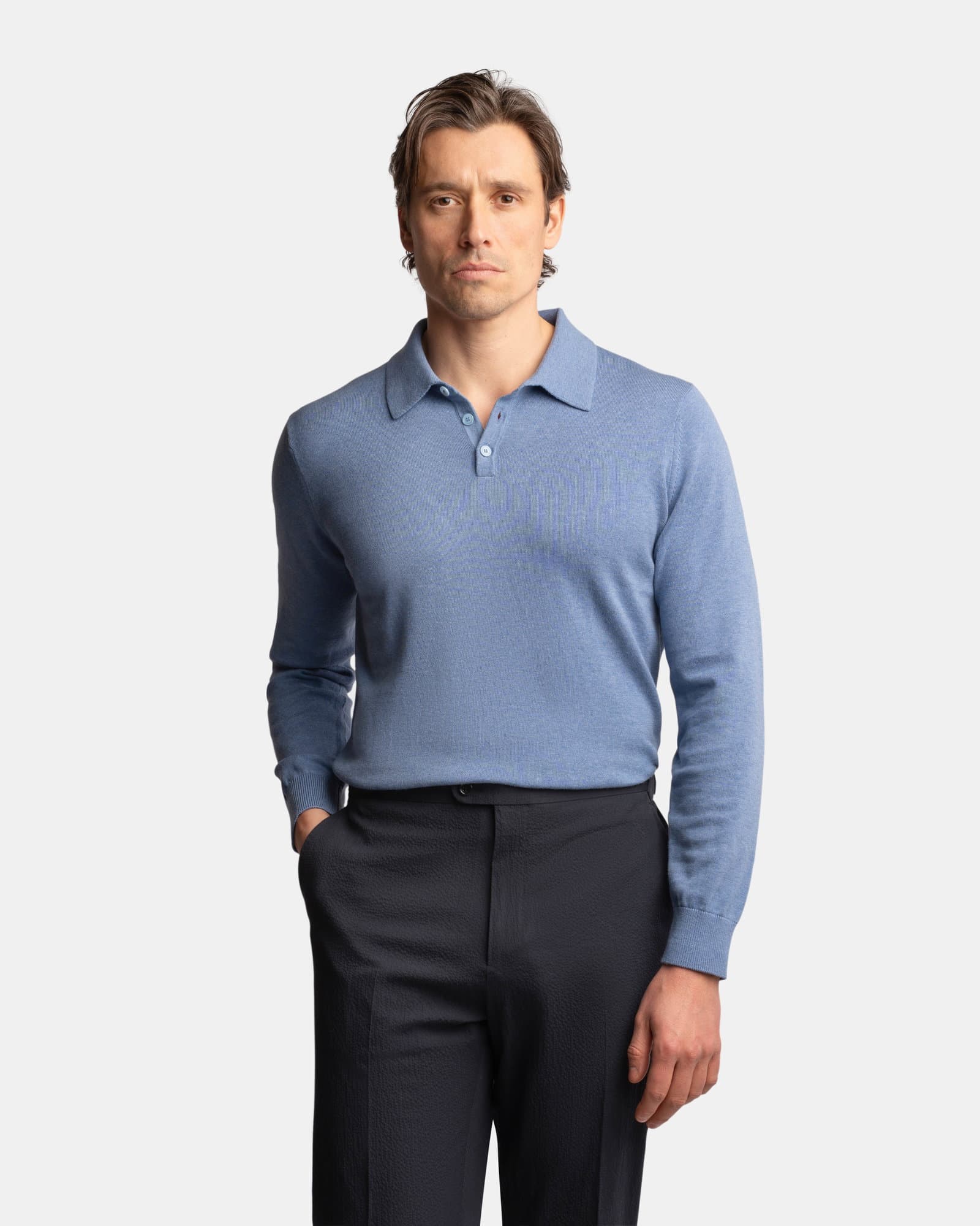 CashSilk Long Sleeve Polo Light Blue
