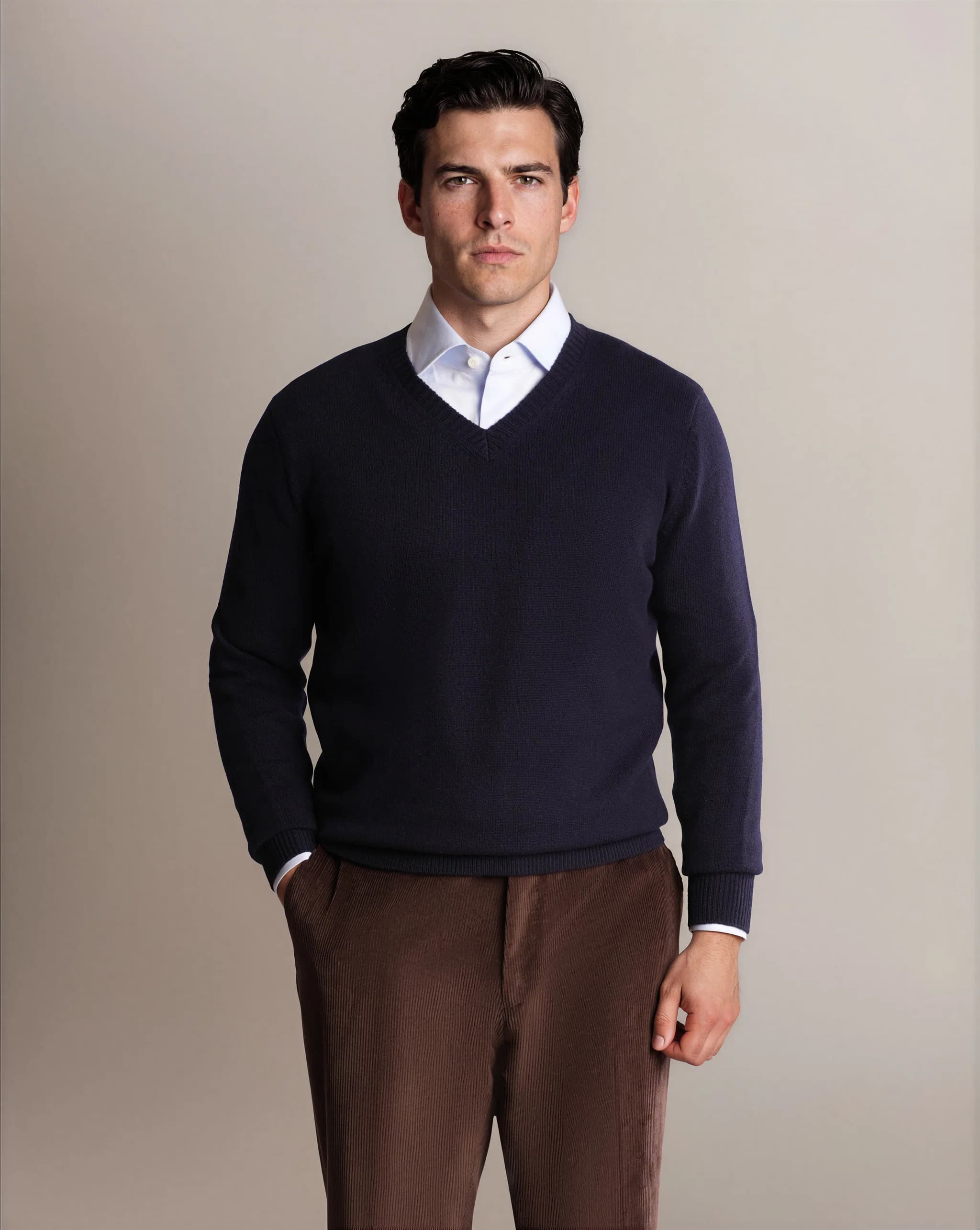 grey v neck sweater with dress shirt Wool Cashmere - Sweaters BraFriendly:Low Back Bra