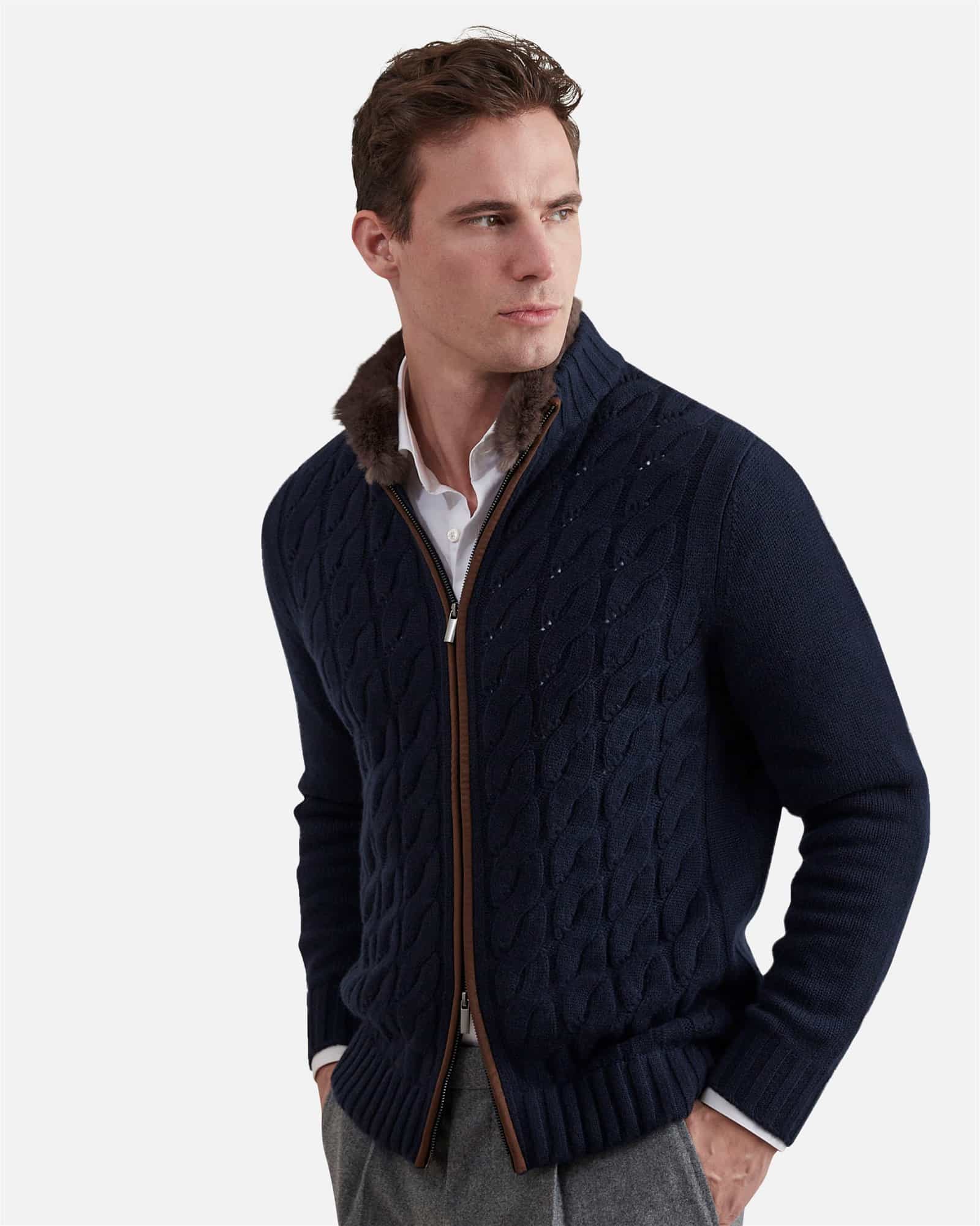 Cable Knit With Fur Collar Navy