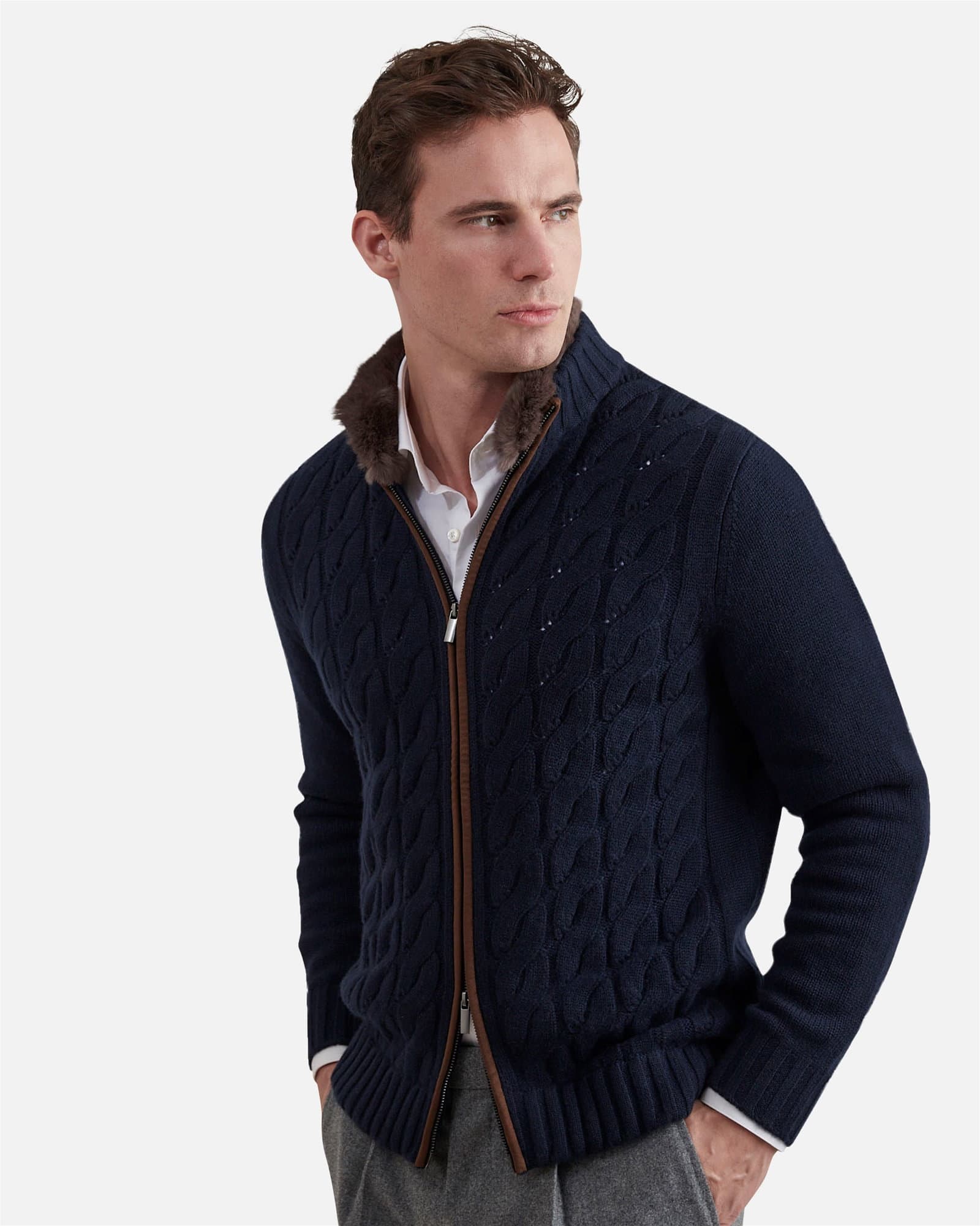 Cable Knit With Fur Collar Navy