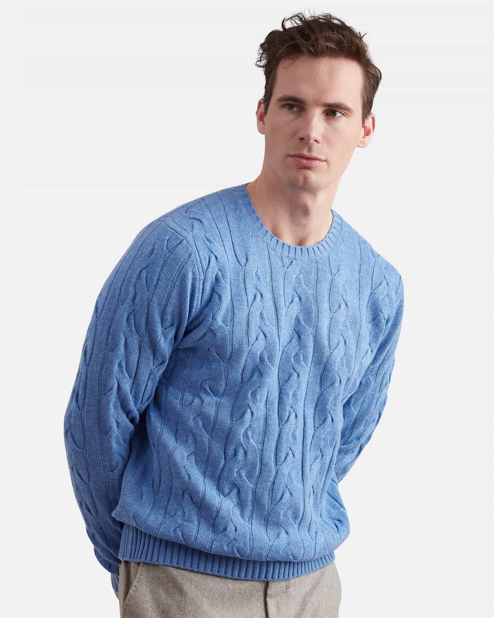 Round Neck Cable Knit Sweater Light Blue