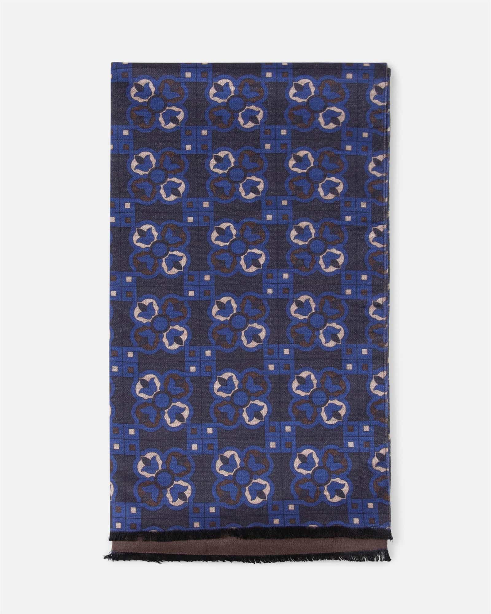 Flower Print Brushed Silk Scarf Navy