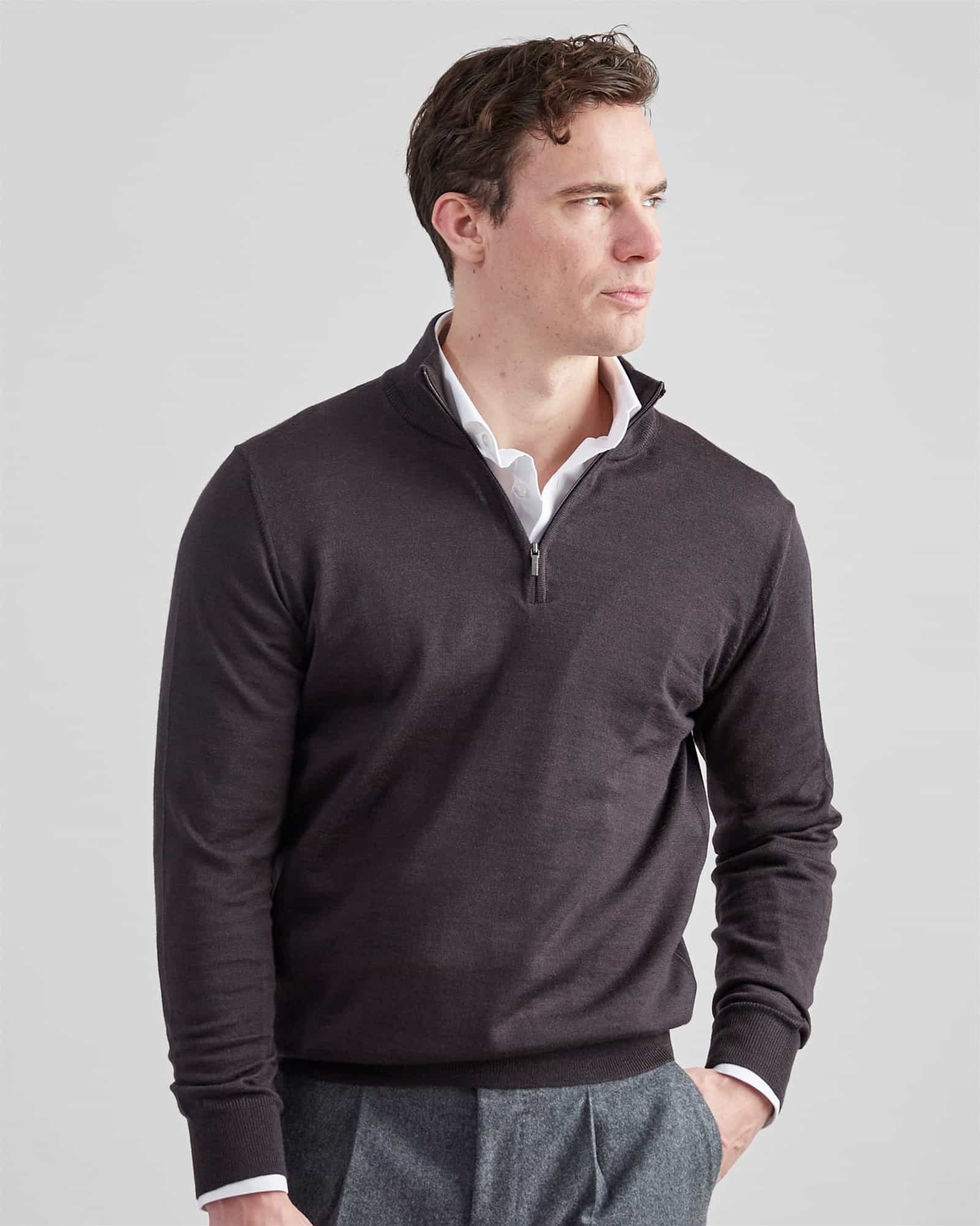 Superfine Merino Half Zip Brown