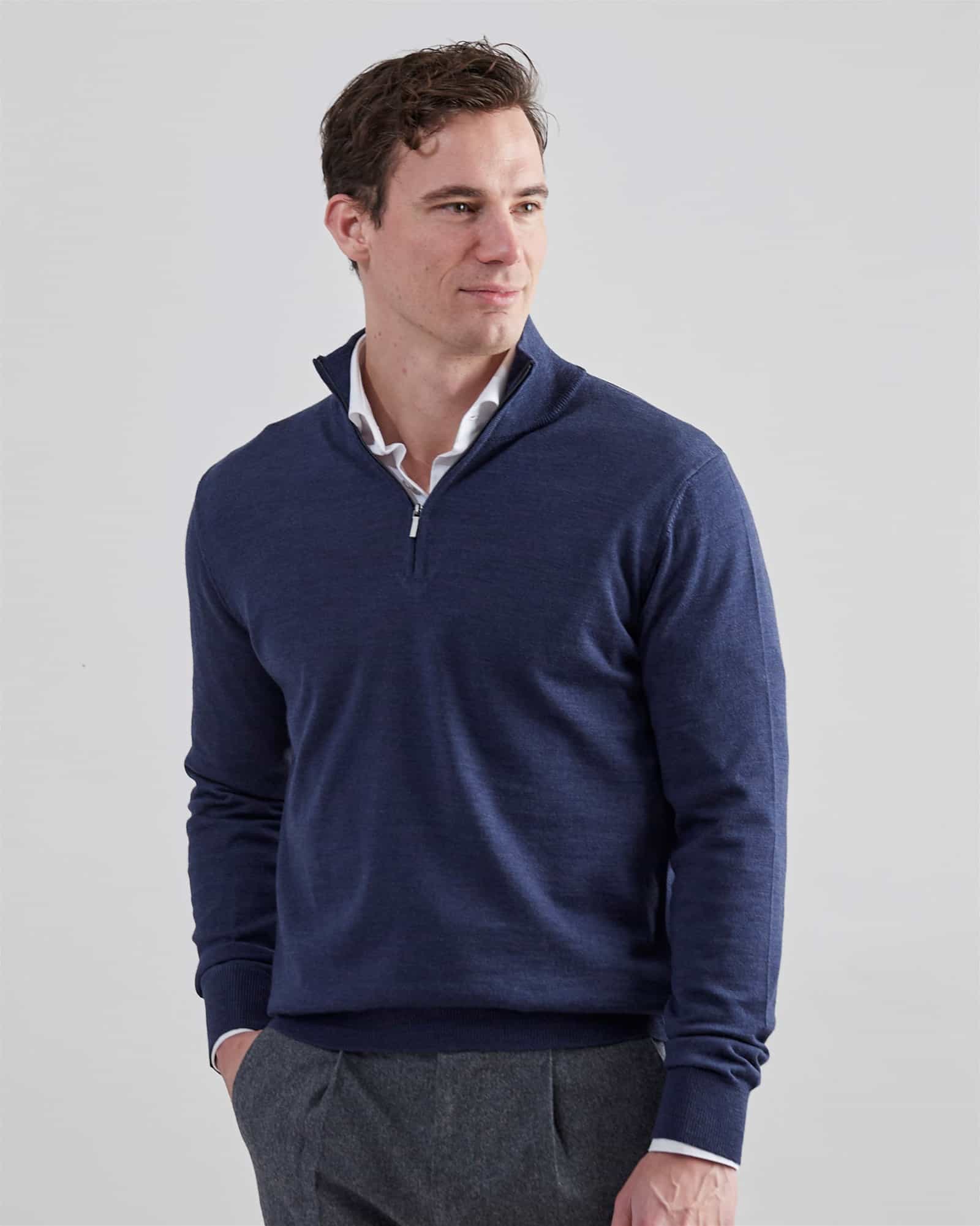 Superfine Merino Half Zip Blue