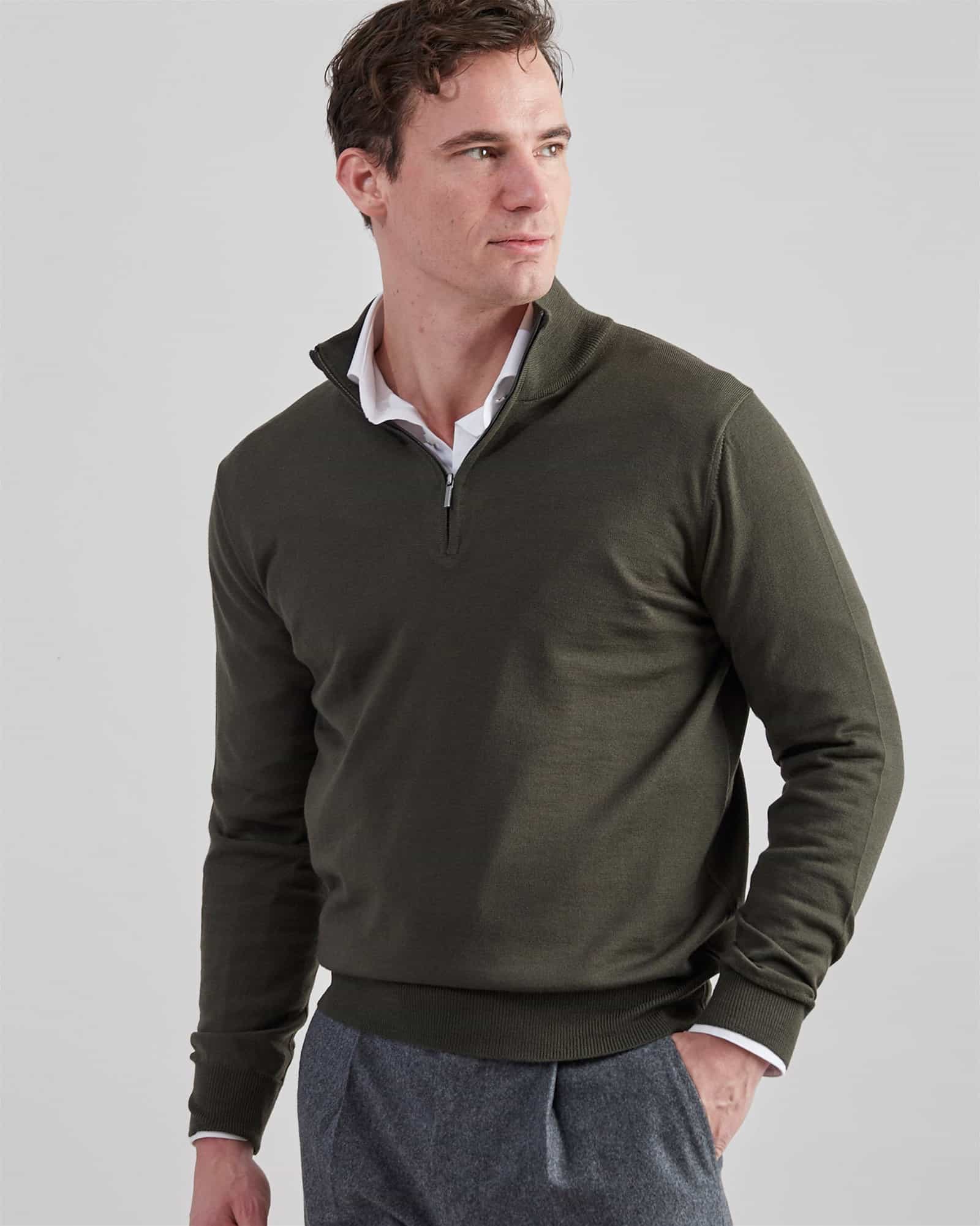 Superfine Merino Half Zip Olive