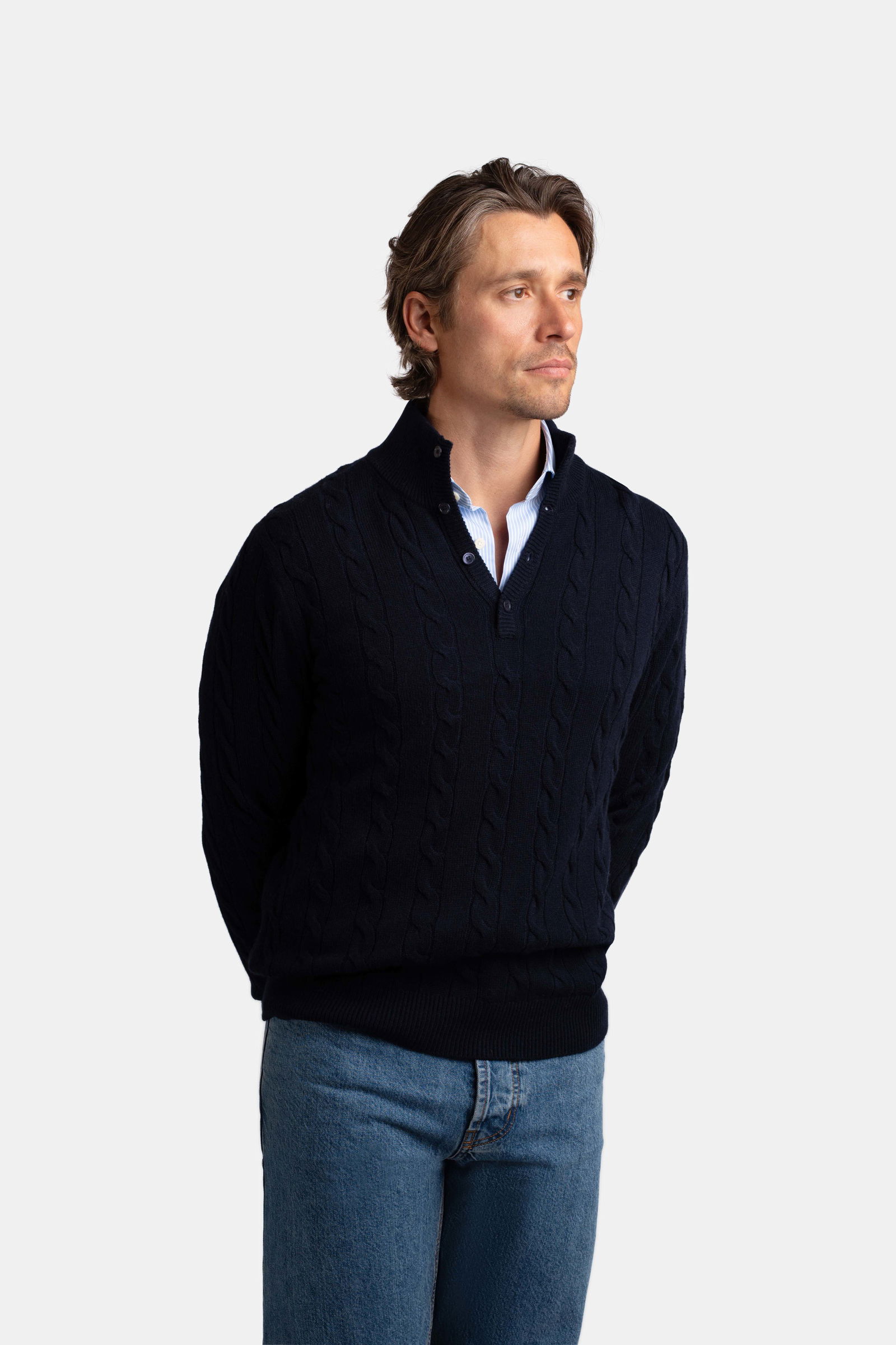 Cable Knit With Button Closure Navy