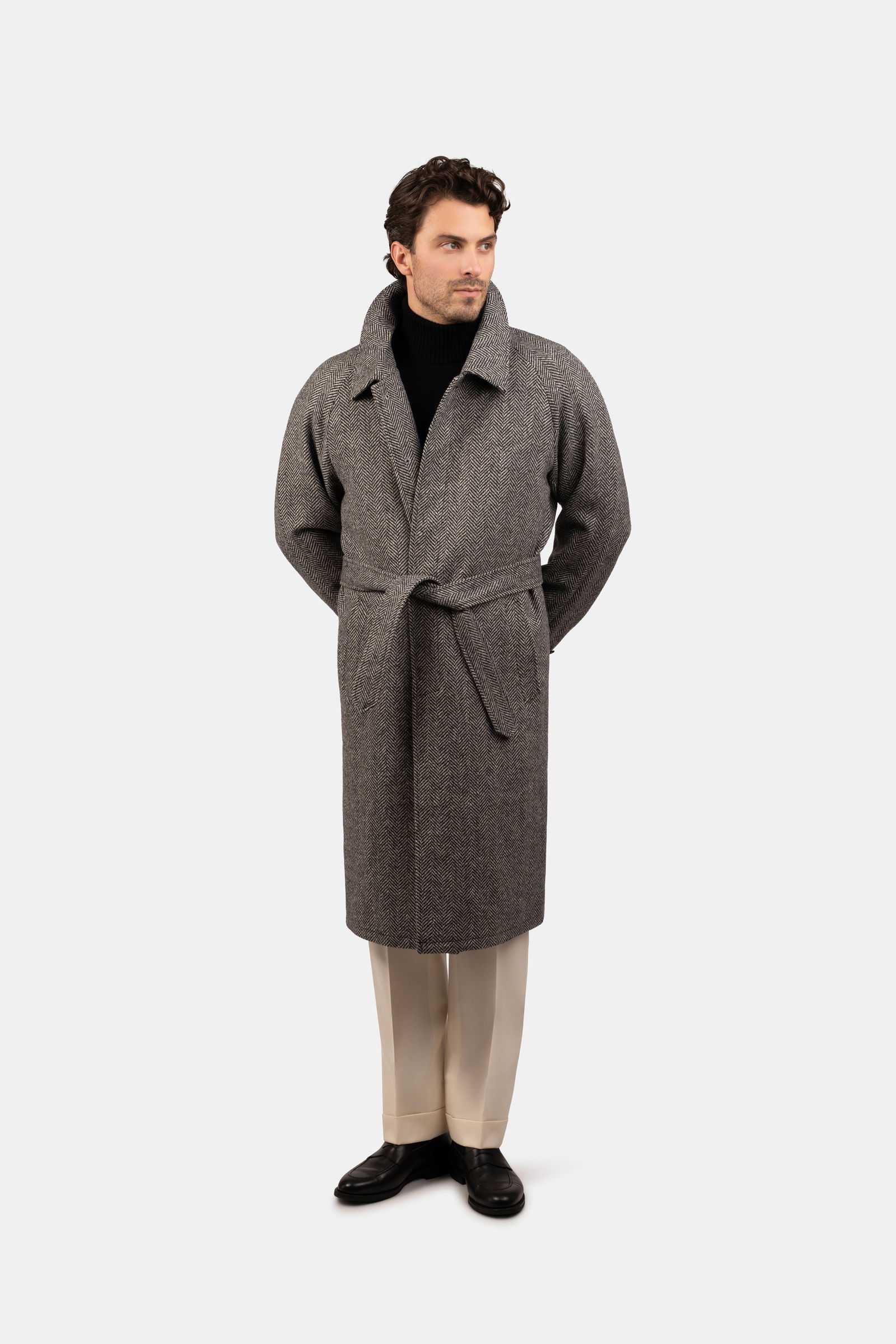 Raglan Belt Coat Tweed Black