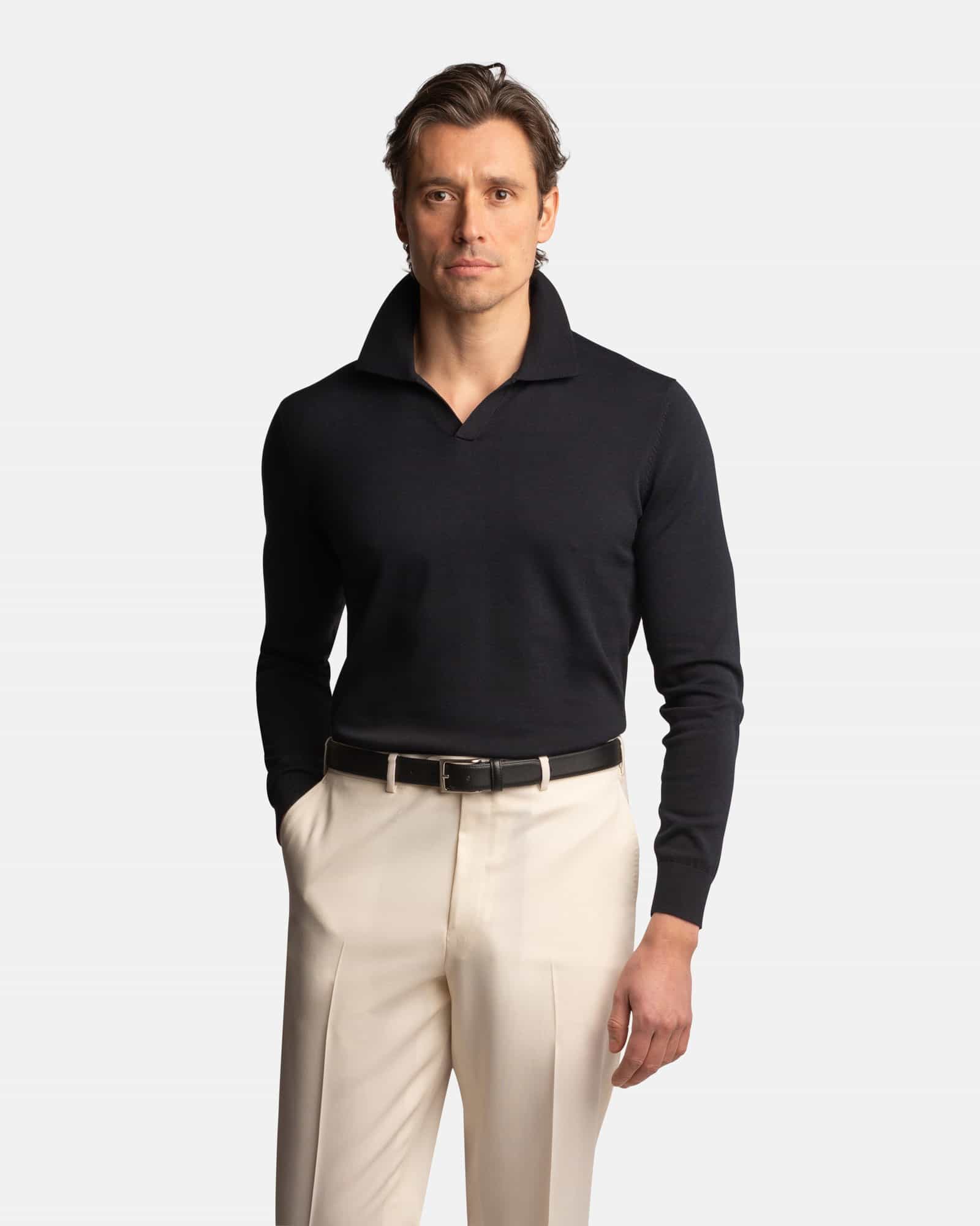 Cotton Silk Long Sleeve Polo Navy