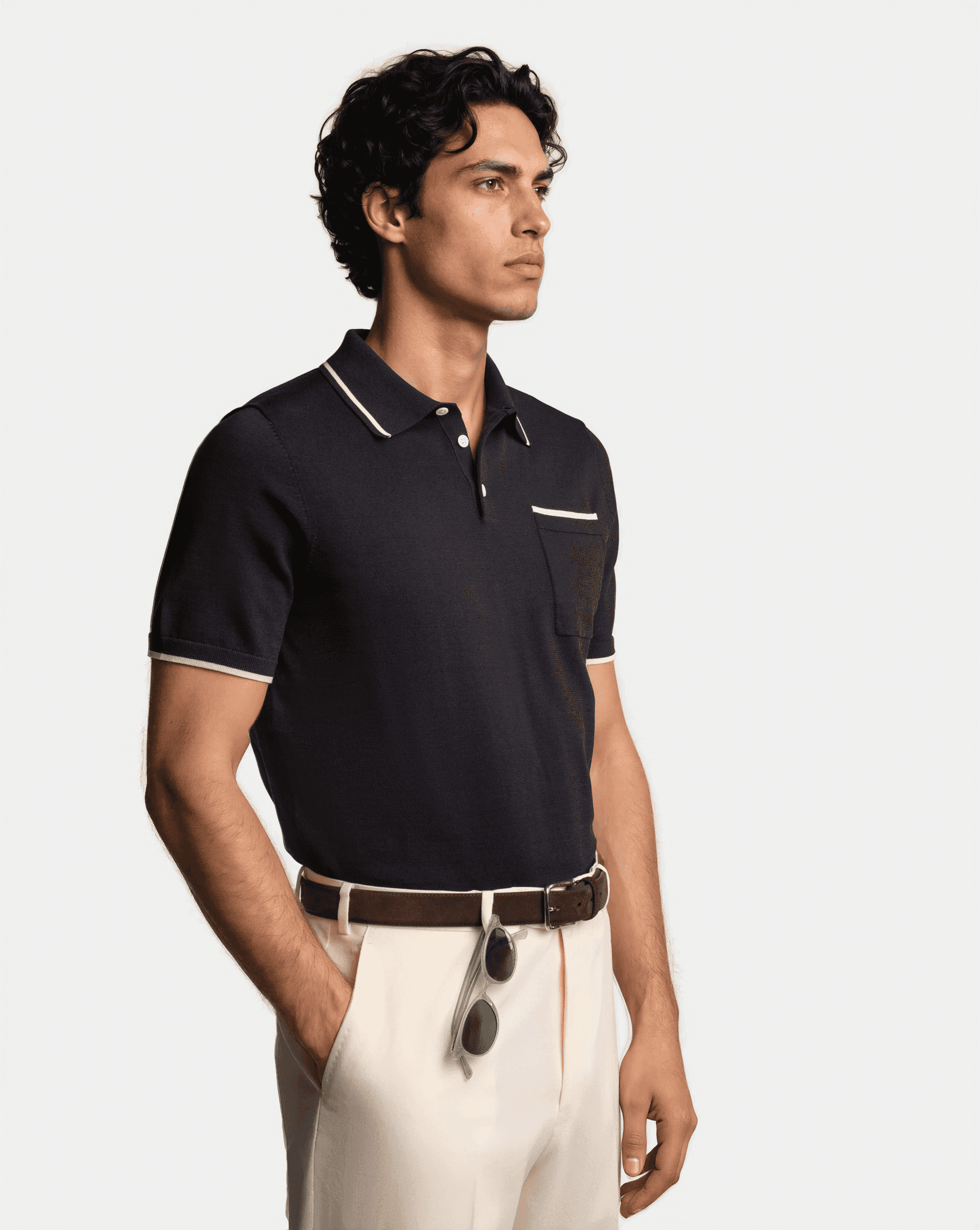 Cotton Silk Contrast Polo Navy