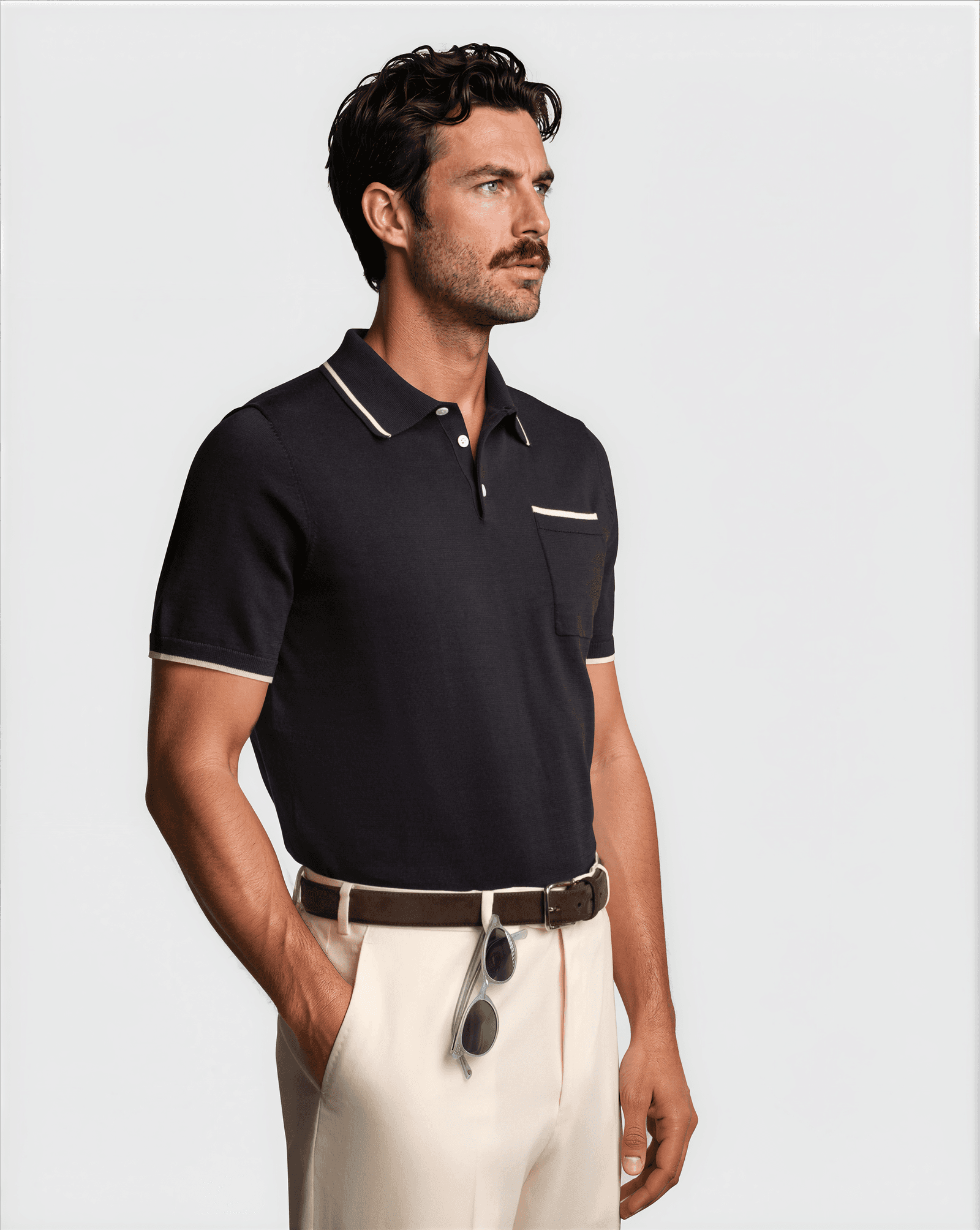 Cotton Silk Contrast Polo Navy